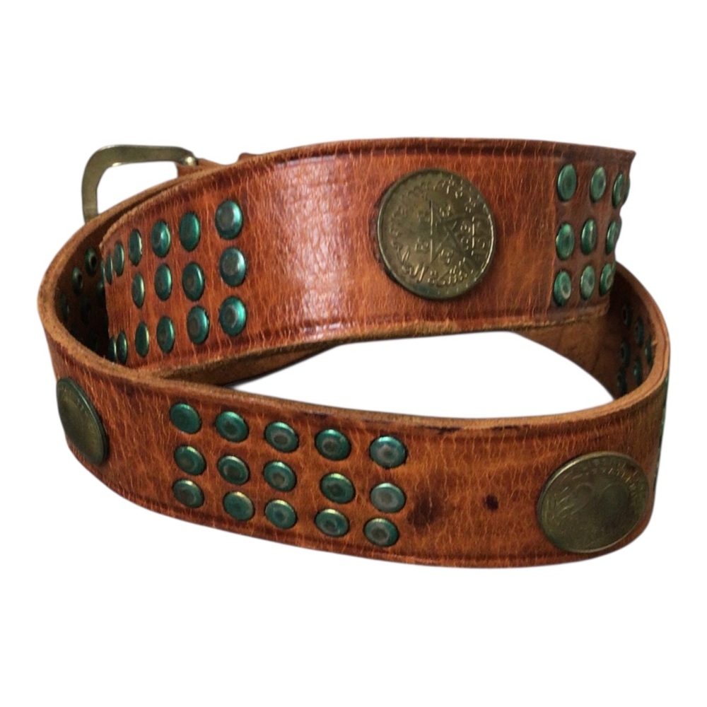 Unbranded Coin Brown Leather Studded Unisex Belt Needs Polished